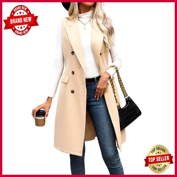 Jackets & Blazers - Medium Wool Blend Vest Sleeveless Blazer Jacket Knee Length Outerwear